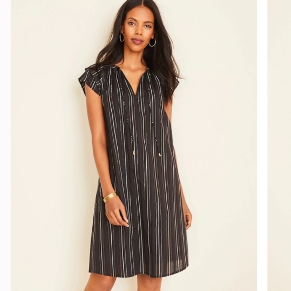 ANN Taylor metallic stripe tie neck ruffle sleeve shift dress